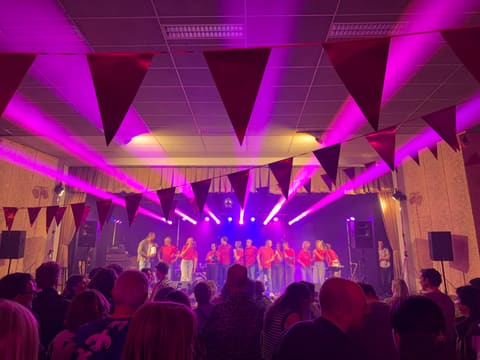 Feestzaal met roze wimpels aan het plafond, groep op het podium en publiek in paars-blauw licht